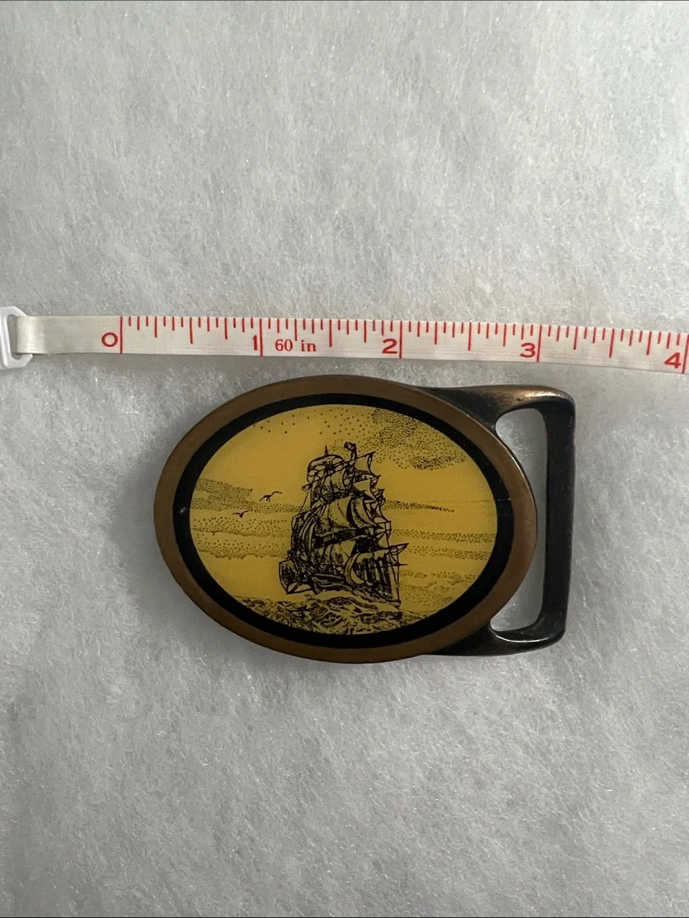 Vintage Sailing Ship Oval Belt Buckle in Yellow and Black